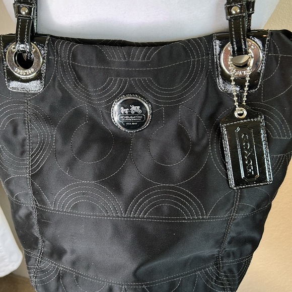 COACH LEATHERWEAR BLACK NYLON WITH SILVER ACCENTS TOTE HANDBAG - Picture 2 of 16